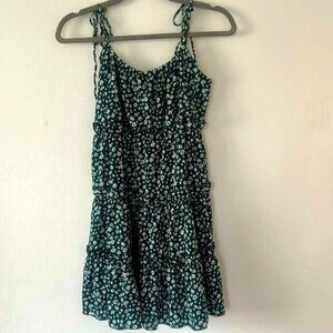 Green floral print dress tie shoulder ruffled hem
